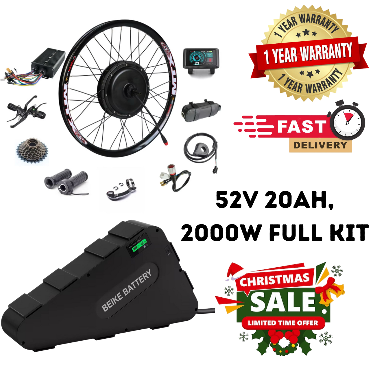 2000W 52V E-Bike Conversion Kit w/ 20Ah Battery | 45A Sinewave Controller & UKC1+ Display