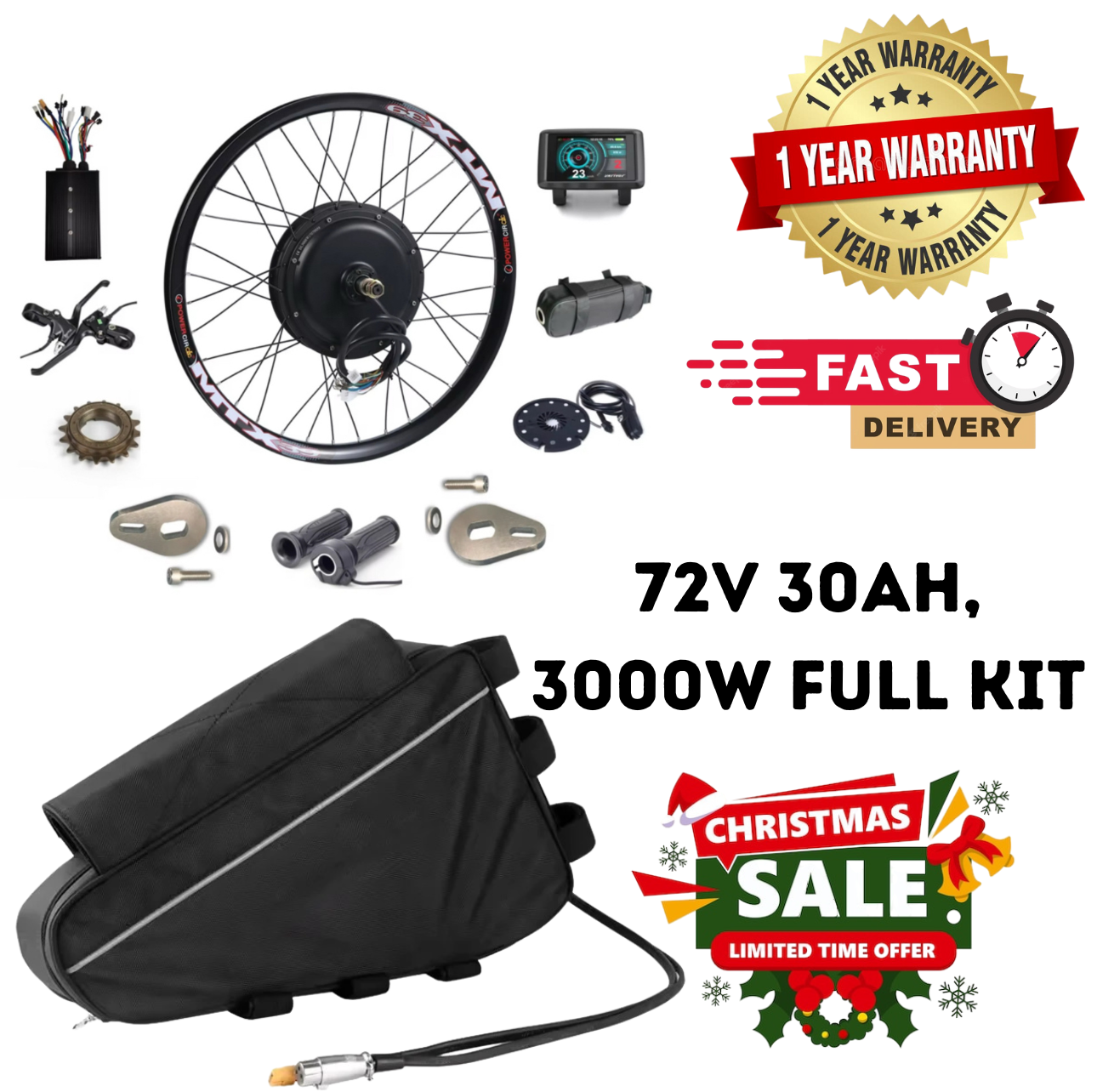 3000W 72V E-Bike Conversion Kit | 20Ah/30Ah Battery, 60A Sinewave Controller